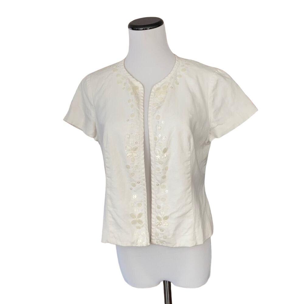 Kasper Cream Linen Beaded Accent Jacket, Size 6P